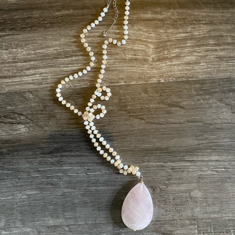 blush pink stone necklace with beaded chain